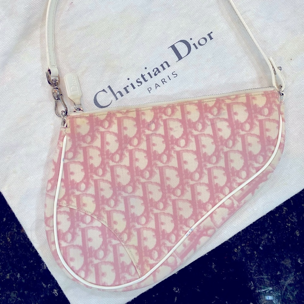 Christian Dior Pink & White Canvas Mini Saddle Bag